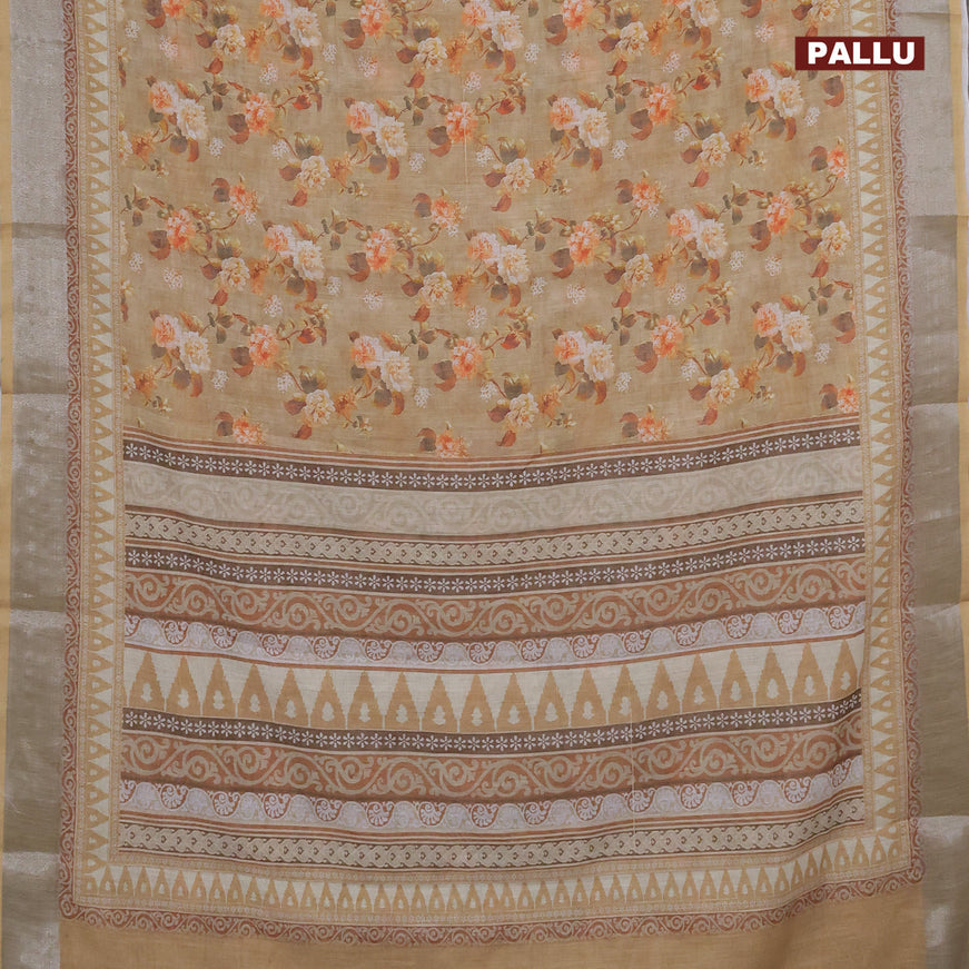 Linen cotton saree sandal with allover floral prints and silver zari woven border
