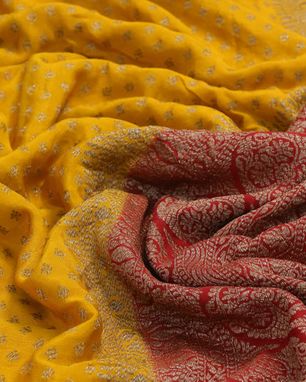Pure banarasi crepe silk saree mango yellow and maroon with allover thread & zari floral weaves and woven border