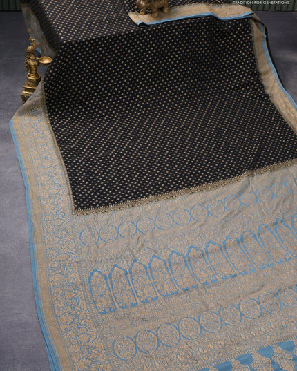 Pure banarasi crepe silk saree black and grey with allover thread & zari woven butta weaves and woven border