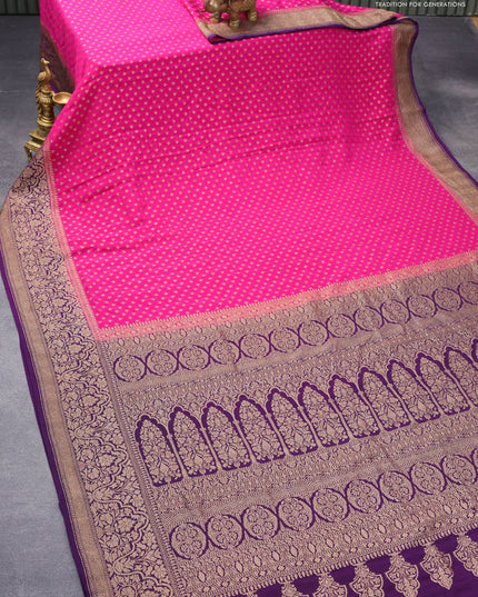 Pure banarasi crepe silk saree pink and violet with allover thread & zari woven butta weaves and woven border