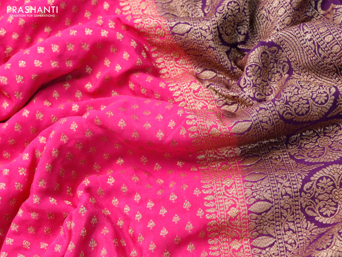 Pure banarasi crepe silk saree pink and violet with allover thread & zari woven butta weaves and woven border