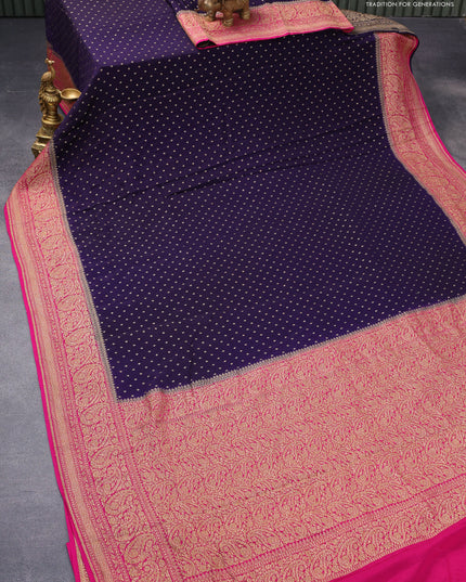 Pure banarasi crepe silk saree dark navy blue and pink with allover thread & zari woven geometric butta weaves and paisley woven border