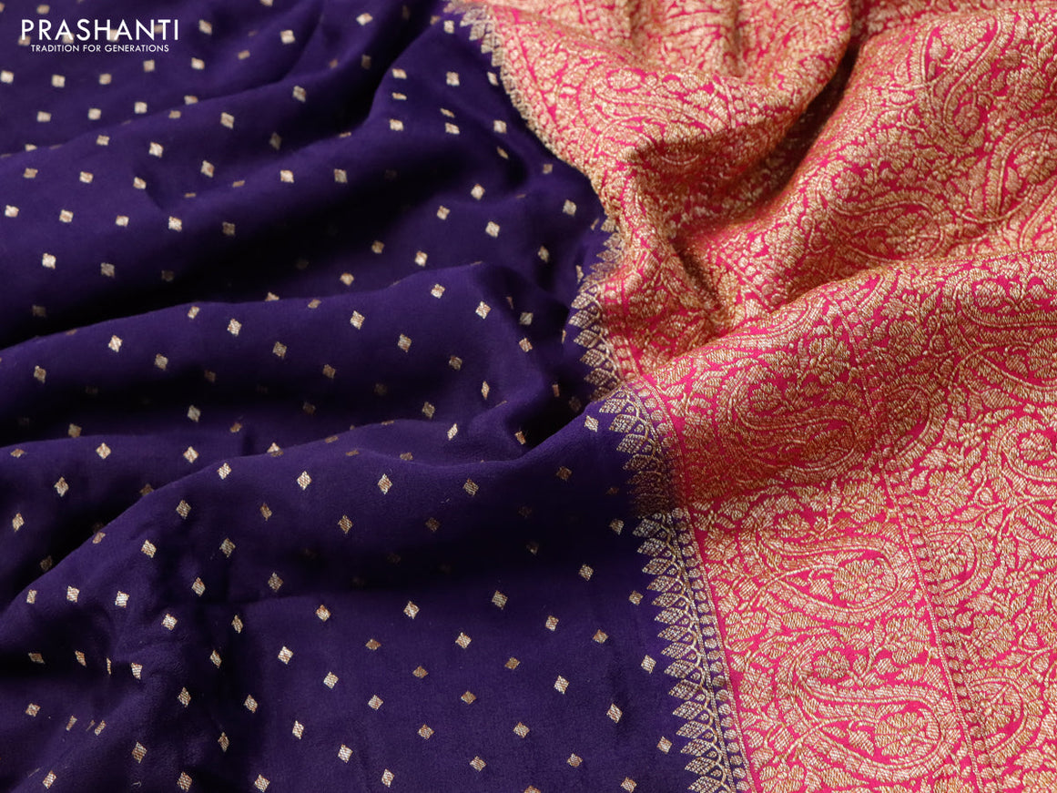 Pure banarasi crepe silk saree dark navy blue and pink with allover thread & zari woven geometric butta weaves and paisley woven border