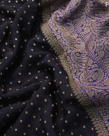 Pure banarasi crepe silk saree black and blue with allover thread & zari woven geometric butta weaves and paisley woven border