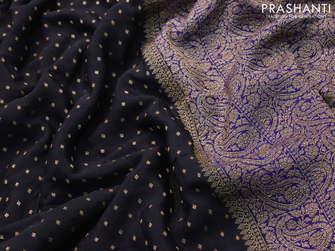 Pure banarasi crepe silk saree black and blue with allover thread & zari woven geometric butta weaves and paisley woven border