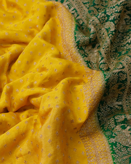 Pure banarasi crepe silk saree yellow and green with allover thread & zari woven butta weaves and woven border