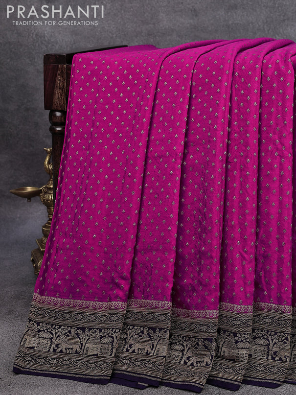 Pure banarasi crepe silk saree pink and navy blue with allover thread & zari woven butta weaves and woven border