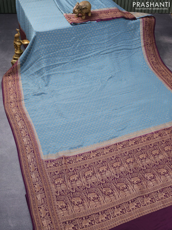 Pure banarasi crepe silk saree grey and wine shade with allover thread & zari woven butta weaves and woven border