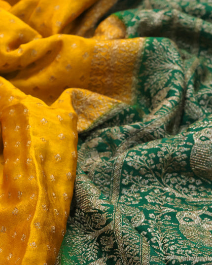 Pure banarasi crepe silk saree mustard yellow and green with allover thread & zari woven butta weaves and woven border