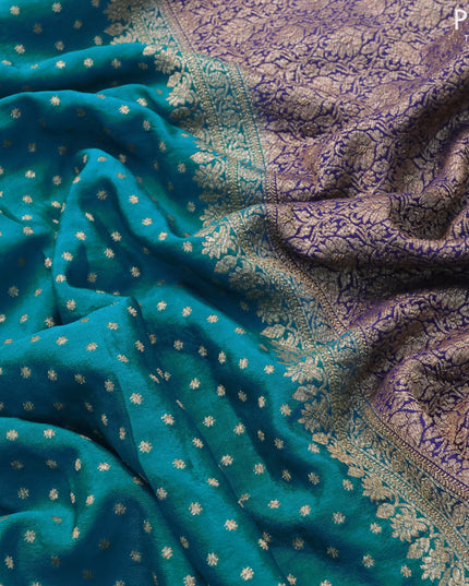 Pure banarasi crepe silk saree peacock green and navy blue with allover thread & zari woven butta weaves and woven border