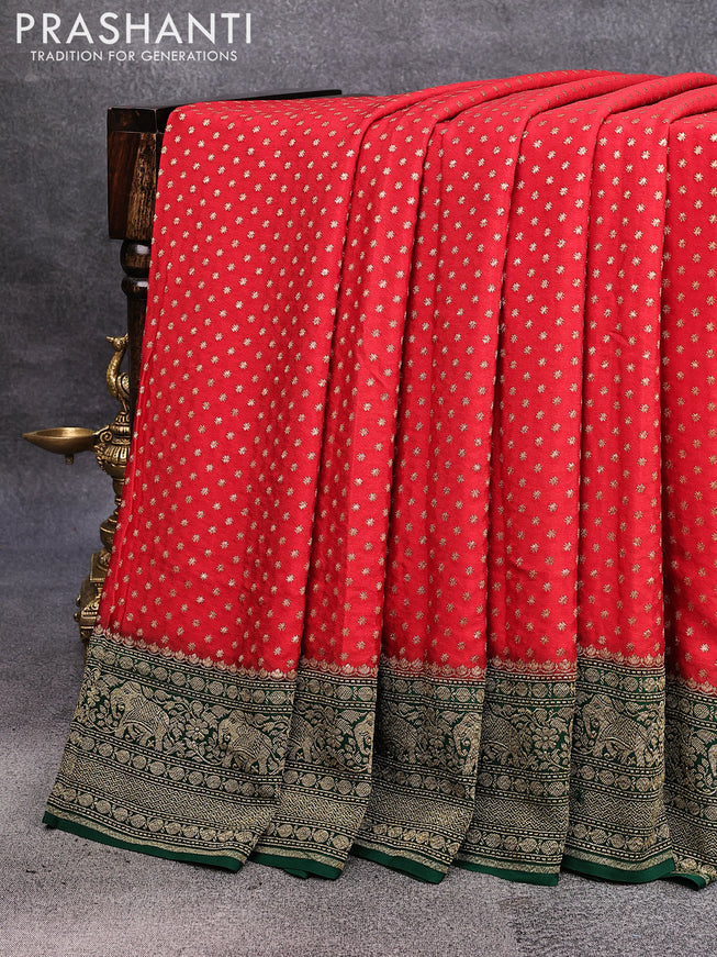 Pure banarasi crepe silk saree red and green with allover thread & zari woven butta weaves and woven border