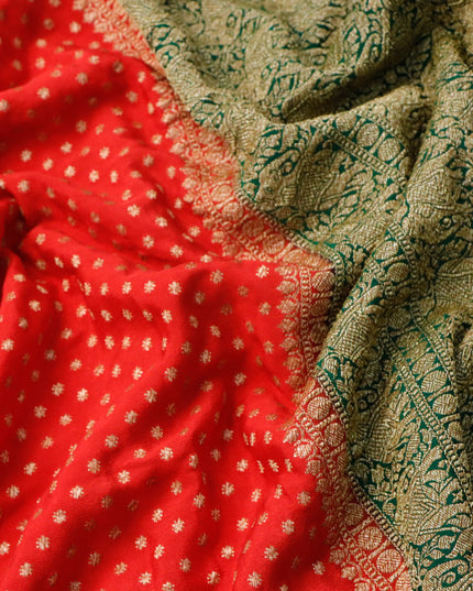 Pure banarasi crepe silk saree red and green with allover thread & zari woven butta weaves and woven border