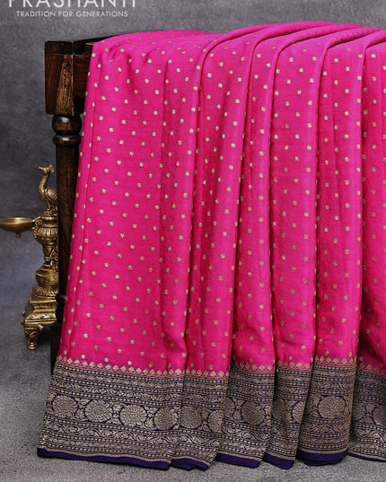 Pure banarasi crepe silk saree magenta pink and blue with allover thread & zari woven butta weaves and woven border