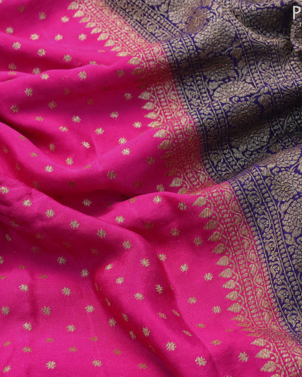 Pure banarasi crepe silk saree magenta pink and blue with allover thread & zari woven butta weaves and woven border