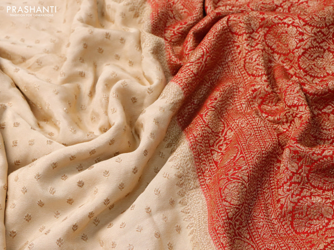 Pure banarasi crepe silk saree sandal and kum kum red with allover thread & zari woven butta weaves and woven border
