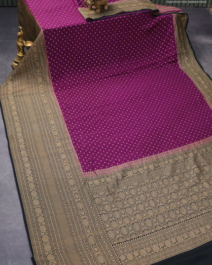 Pure banarasi crepe silk saree dark purple and black with allover thread & zari woven butta weaves and long woven border