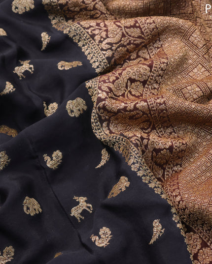 Pure banarasi crepe silk saree black and brown with allover thread & zari woven butta weaves and woven border