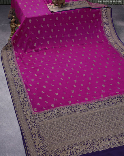 Pure banarasi crepe silk saree magenta pink and navy blue with allover thread & zari woven butta weaves and woven border