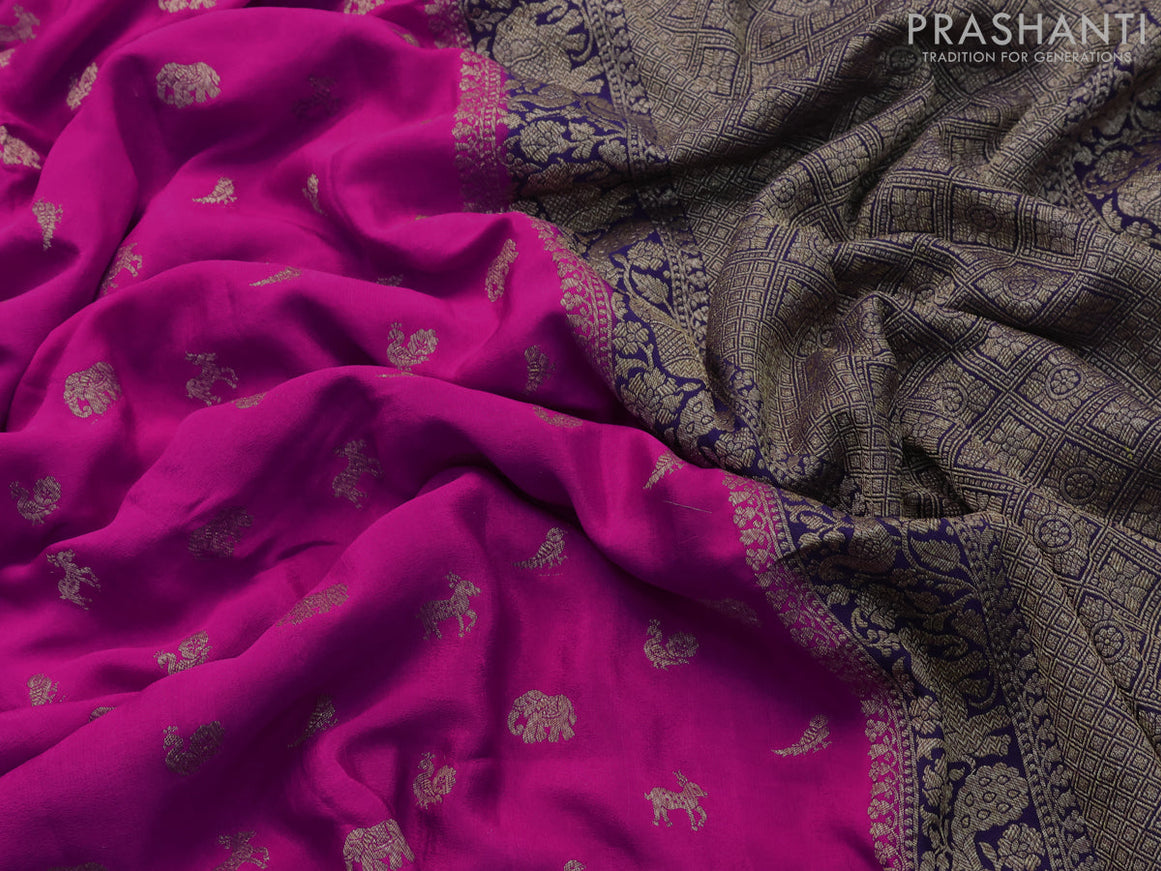Pure banarasi crepe silk saree magenta pink and navy blue with allover thread & zari woven butta weaves and woven border