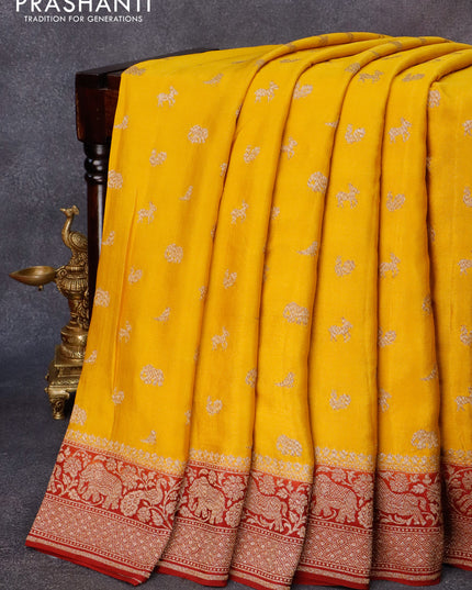 Pure banarasi crepe silk saree mustard yellow and maroon with allover thread & zari woven butta weaves and woven border