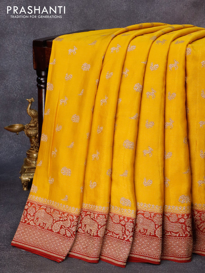 Pure banarasi crepe silk saree mustard yellow and maroon with allover thread & zari woven butta weaves and woven border