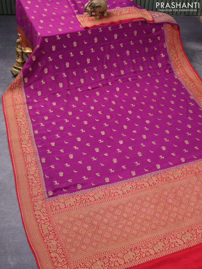 Pure banarasi crepe silk saree purple and red with allover thread & zari woven butta weaves and woven border