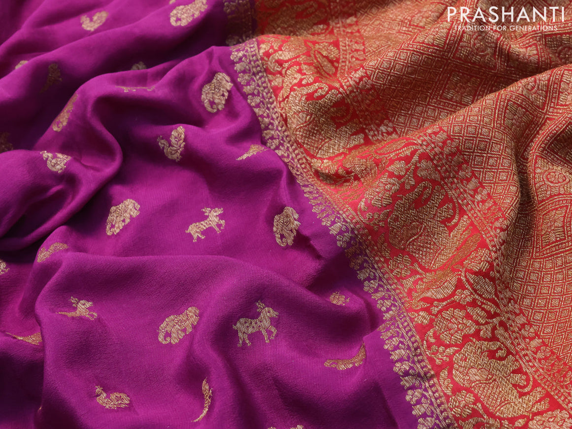Pure banarasi crepe silk saree purple and red with allover thread & zari woven butta weaves and woven border