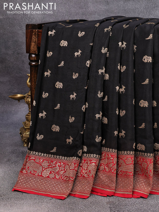 Pure banarasi crepe silk saree black and red with allover thread & zari woven butta weaves and woven border