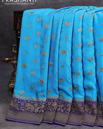 Pure banarasi crepe silk saree light blue and royal blue with allover thread & zari woven butta weaves and woven border