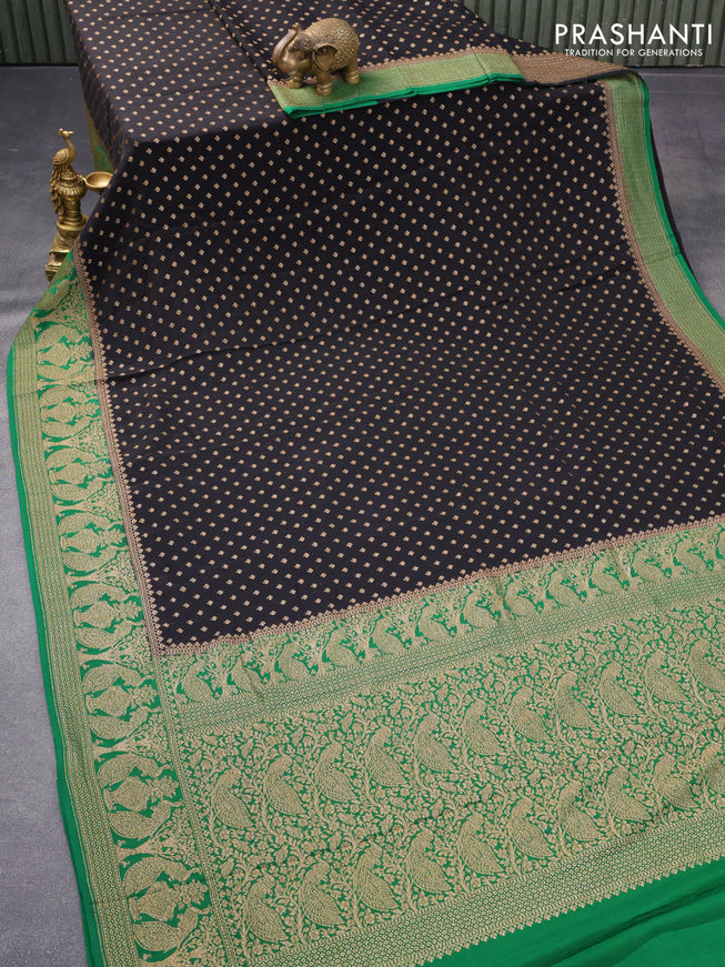 Pure banarasi crepe silk saree black and green with allover thread & zari woven buttas and woven border