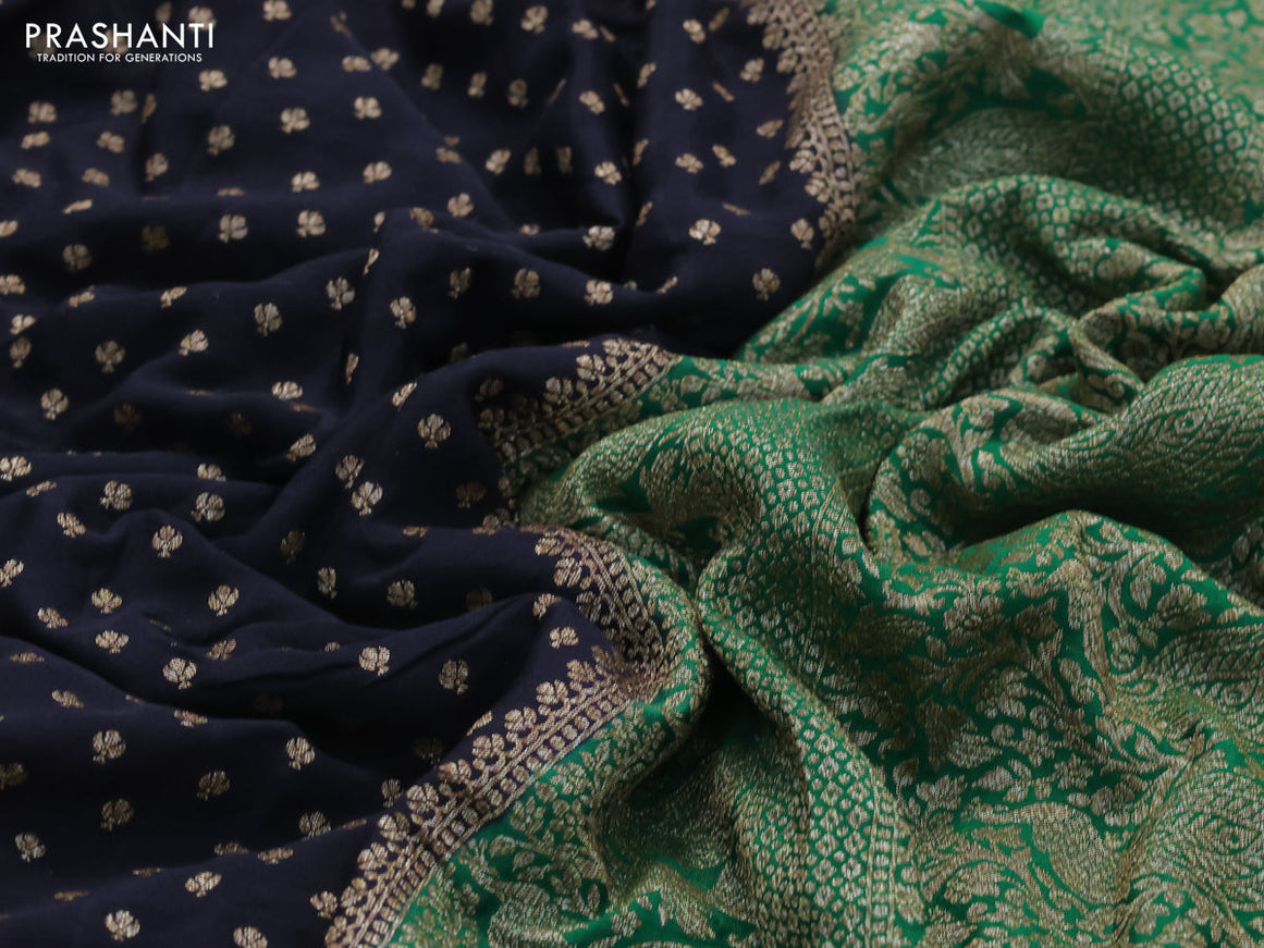 Pure banarasi crepe silk saree black and green with allover thread & zari woven buttas and woven border