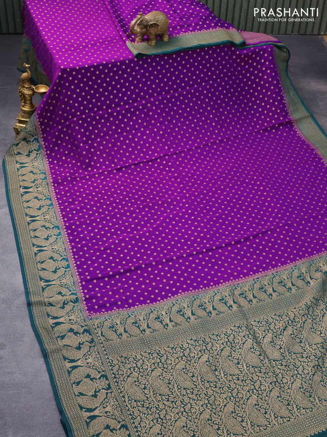 Pure banarasi crepe silk saree violet and peacock green with allover thread & zari woven buttas and woven border