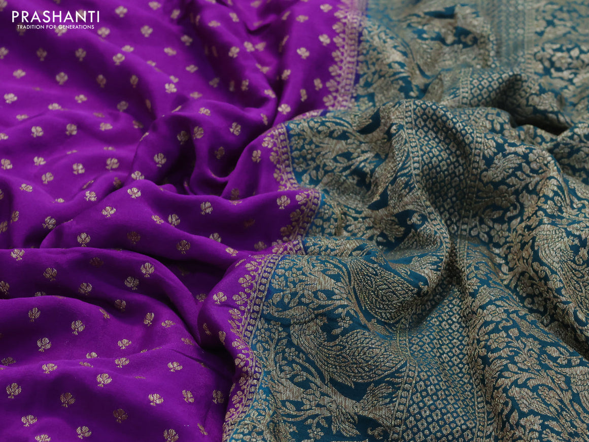 Pure banarasi crepe silk saree violet and peacock green with allover thread & zari woven buttas and woven border