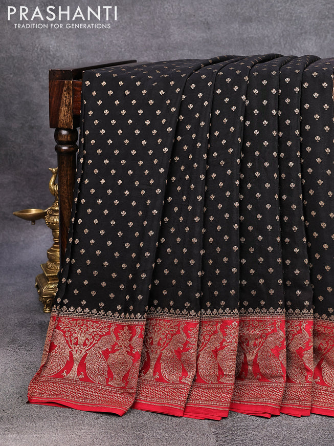 Pure banarasi crepe silk saree black and red with allover thread & zari woven buttas and woven border