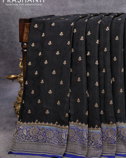 Pure banarasi crepe silk saree black and blue with allover thread & zari woven buttas and woven border