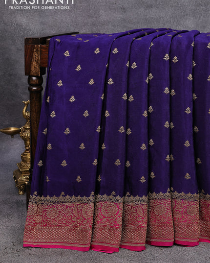 Pure banarasi crepe silk saree dark blue and pink with allover self emboss & zari buttas and woven border