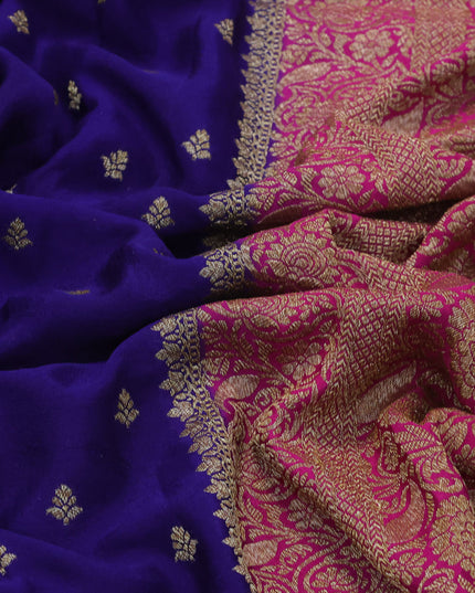 Pure banarasi crepe silk saree dark blue and pink with allover self emboss & zari buttas and woven border