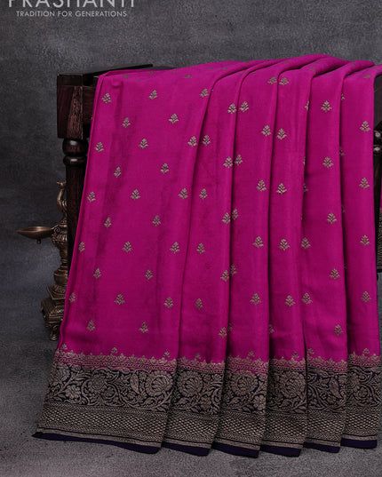 Pure banarasi crepe silk saree pink and dark blue with allover thread & zari woven buttas and woven border