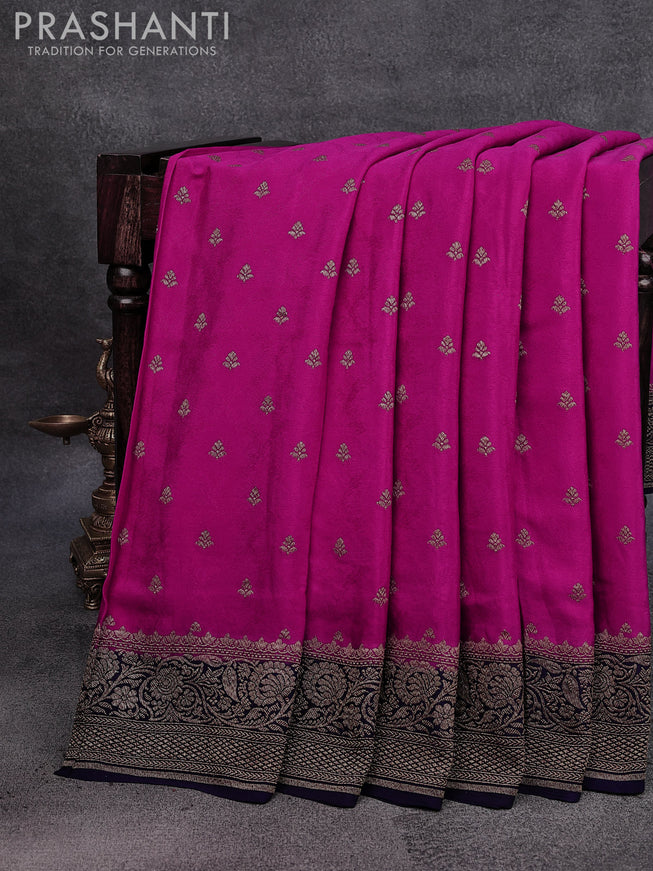 Pure banarasi crepe silk saree pink and dark blue with allover thread & zari woven buttas and woven border