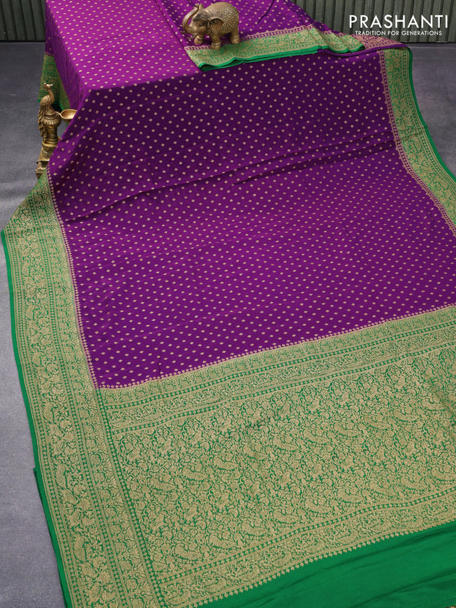 Pure banarasi crepe silk saree purple and green with allover thread & zari woven butta weaves and woven border