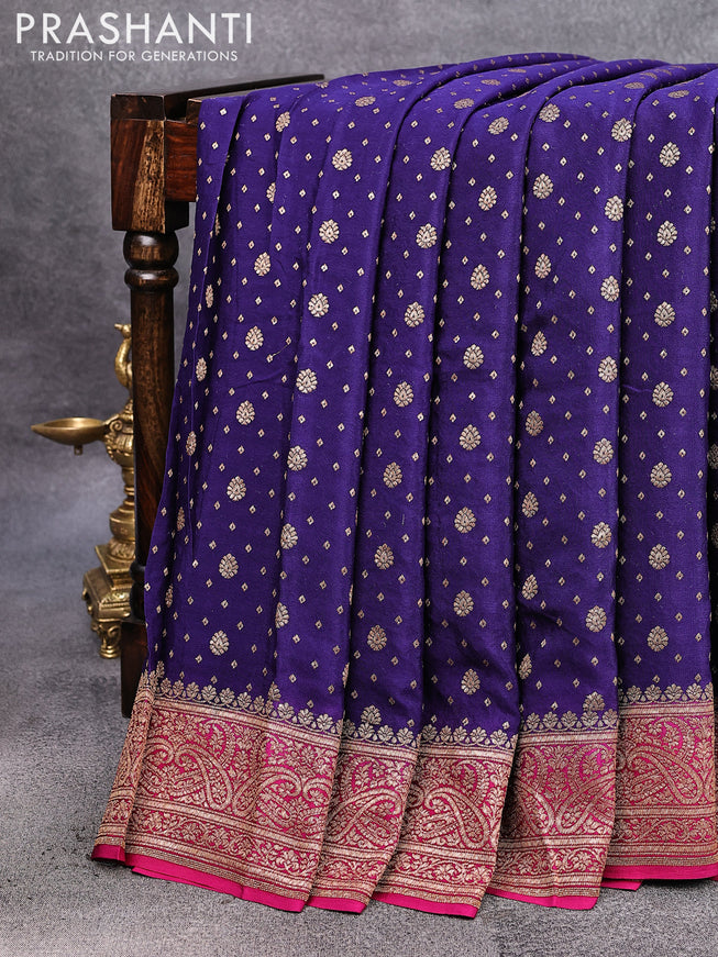 Pure banarasi crepe silk saree dark blue and magenta pink with allover thread & zari woven floral butta weaves and paisley woven border