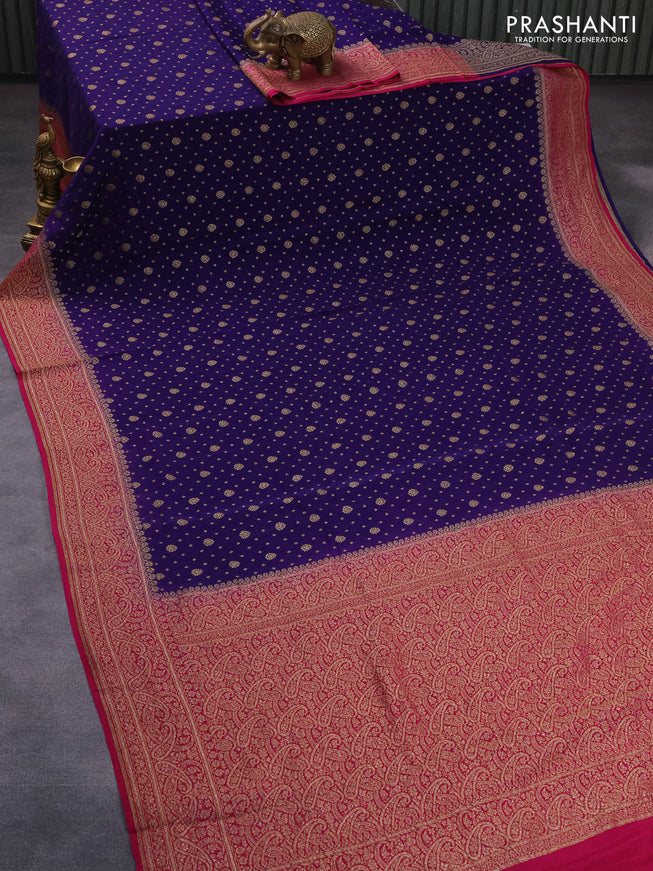 Pure banarasi crepe silk saree dark blue and magenta pink with allover thread & zari woven floral butta weaves and paisley woven border