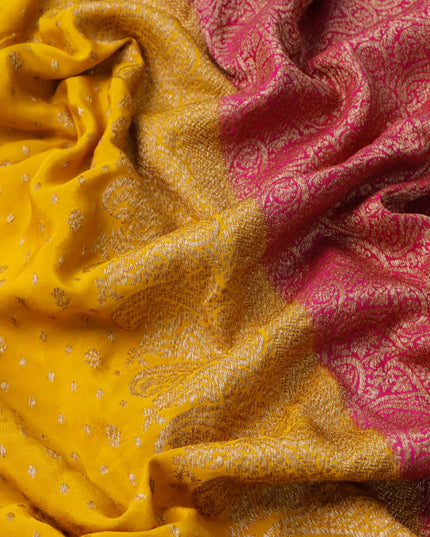 Pure banarasi crepe silk saree mustard yellow and pink with allover thread & zari woven floral butta weaves and paisley woven border
