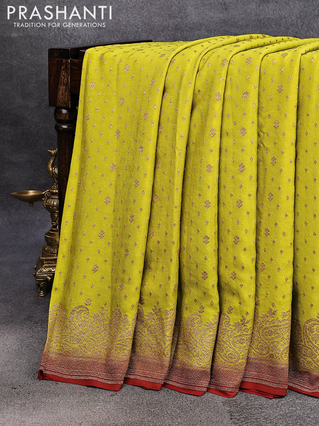 Pure banarasi crepe silk saree lime green and maroon shade with allover thread & zari woven floral butta weaves and paisley woven border