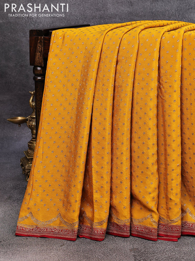 Pure banarasi crepe silk saree mango yellow and maroon with allover thread & zari woven butta weaves and woven border