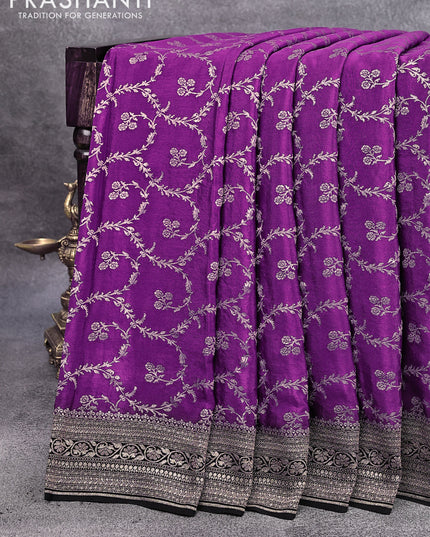 Pure banarasi crepe silk saree purple and black with allover thread & zari floral weaves and woven border