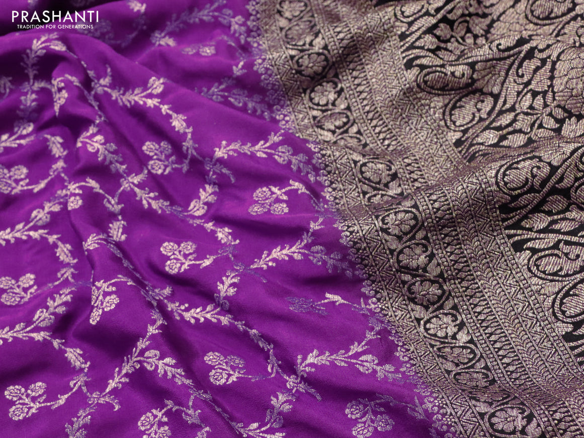 Pure banarasi crepe silk saree purple and black with allover thread & zari floral weaves and woven border