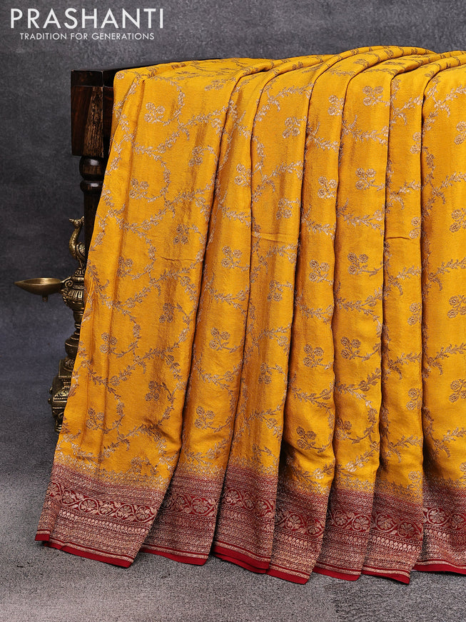 Pure banarasi crepe silk saree mustard yellow and maroon with allover thread & zari floral weaves and woven border