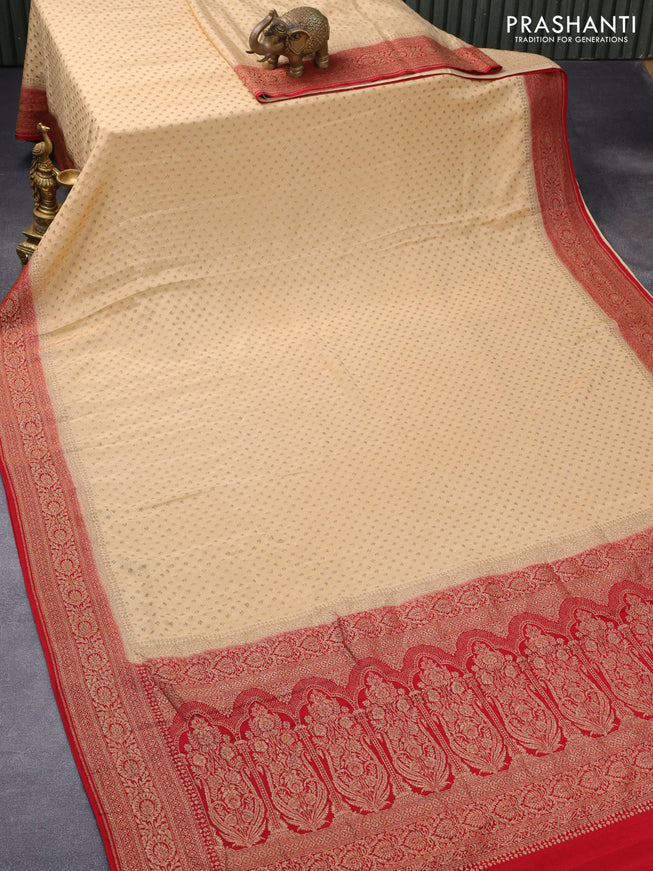 Pure banarasi crepe silk saree sandal and red with allover thread & zari floral weaves and woven border