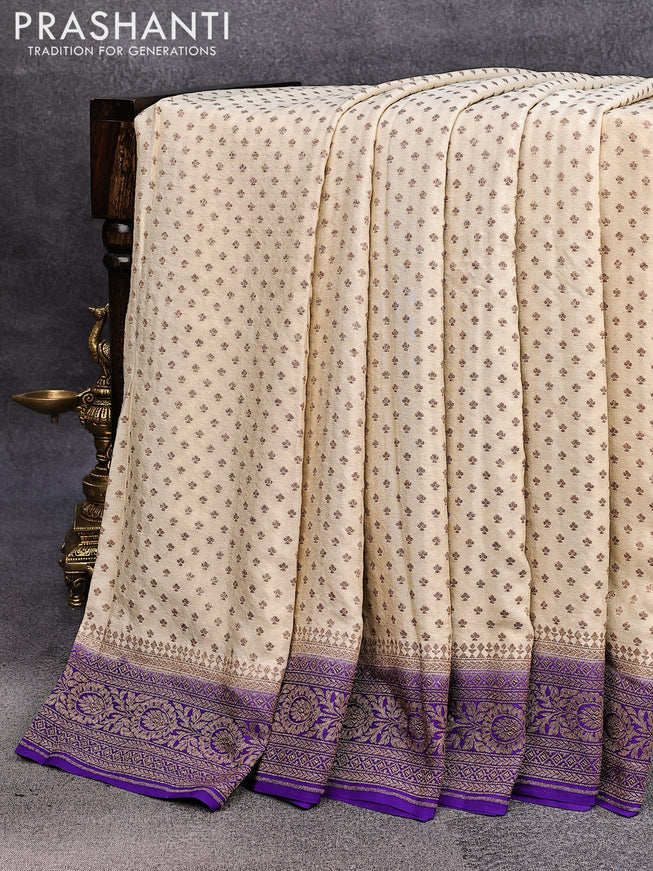 Pure banarasi crepe silk saree cream and violet shade with allover thread & zari woven butta weaves and woven border
